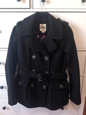 Hydraulic Black Double-Breasted Belted Pea Coat